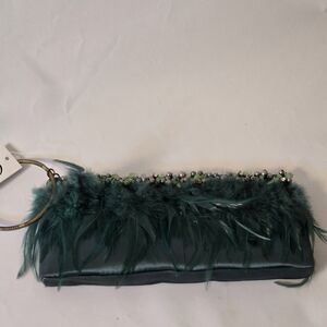 Teal Feather-Trim Wristlet Clutch with Bead Accent